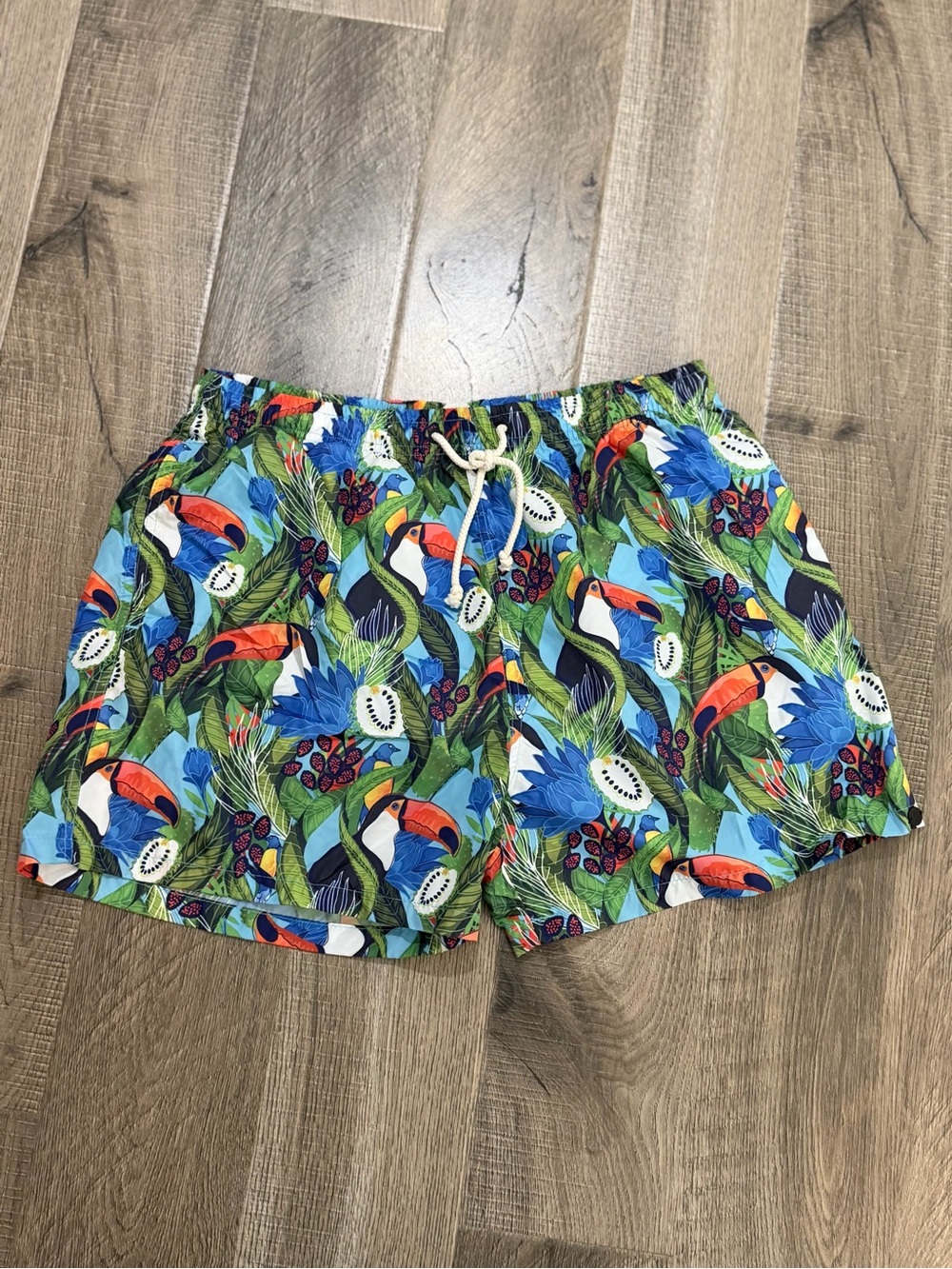 Badgley Mischka swim shorts with toucans and tropical leaves
Size XXL